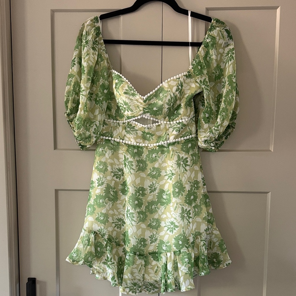 Hello Molly Green Floral Mini Dress with Pearl Accents